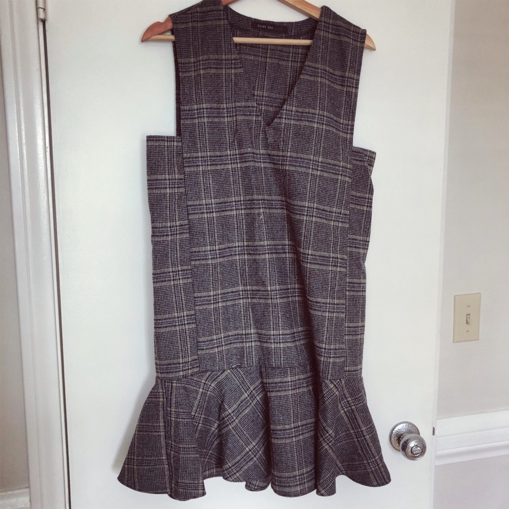 Olive des olive wool shift dress plaid